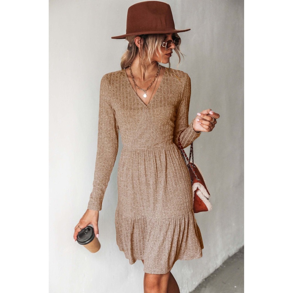 Cupshe Tan Brown Ribbed Knit V-Neck Tiered Ruffle Mini Dress XL - Picture 3 of 7